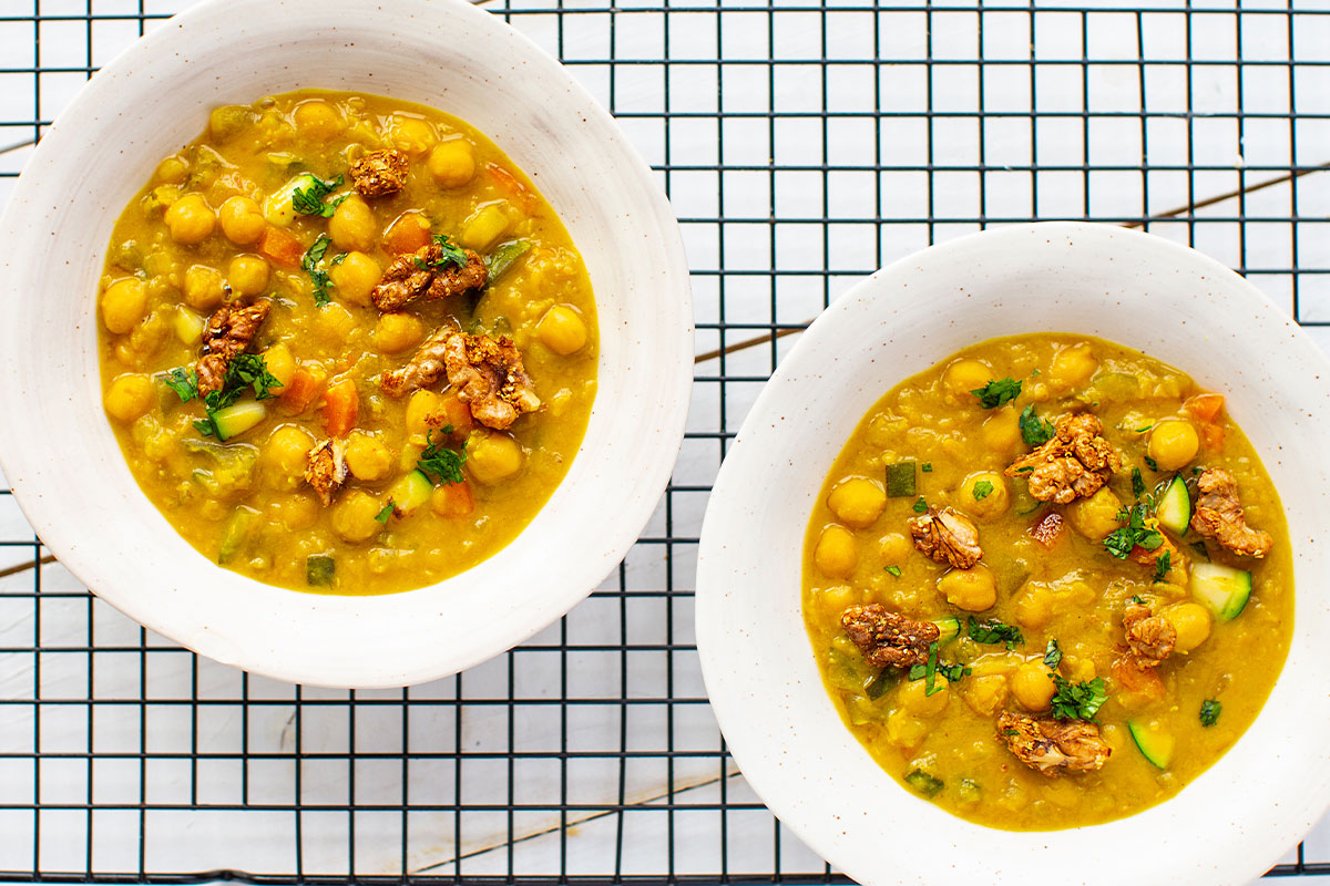 Chickpea & Vegetable Soup With Crunchy Peanut Butter & Walnut Croutons