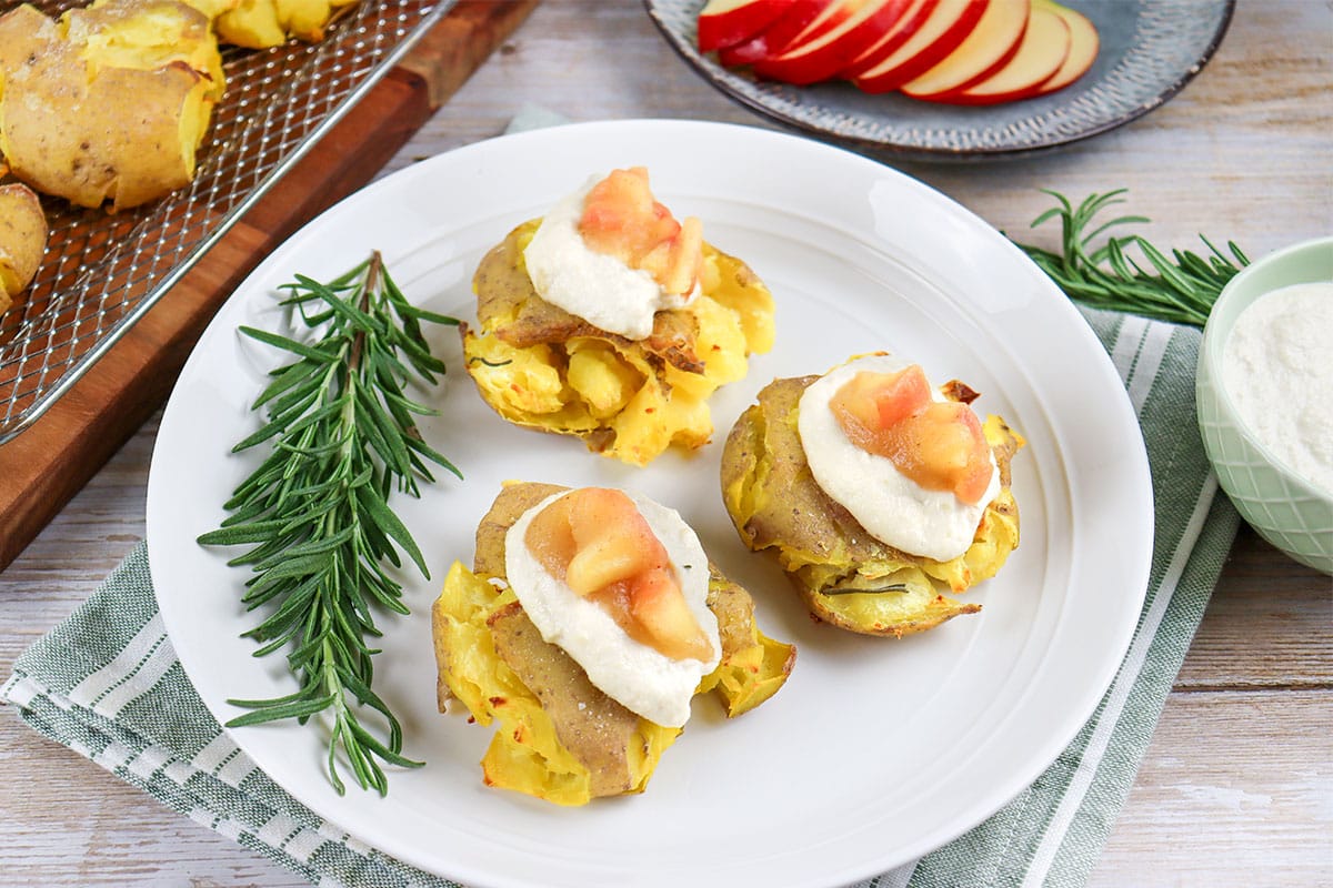 Smashed Rosemary Potatoes With Sour Cream & Stewed Apples